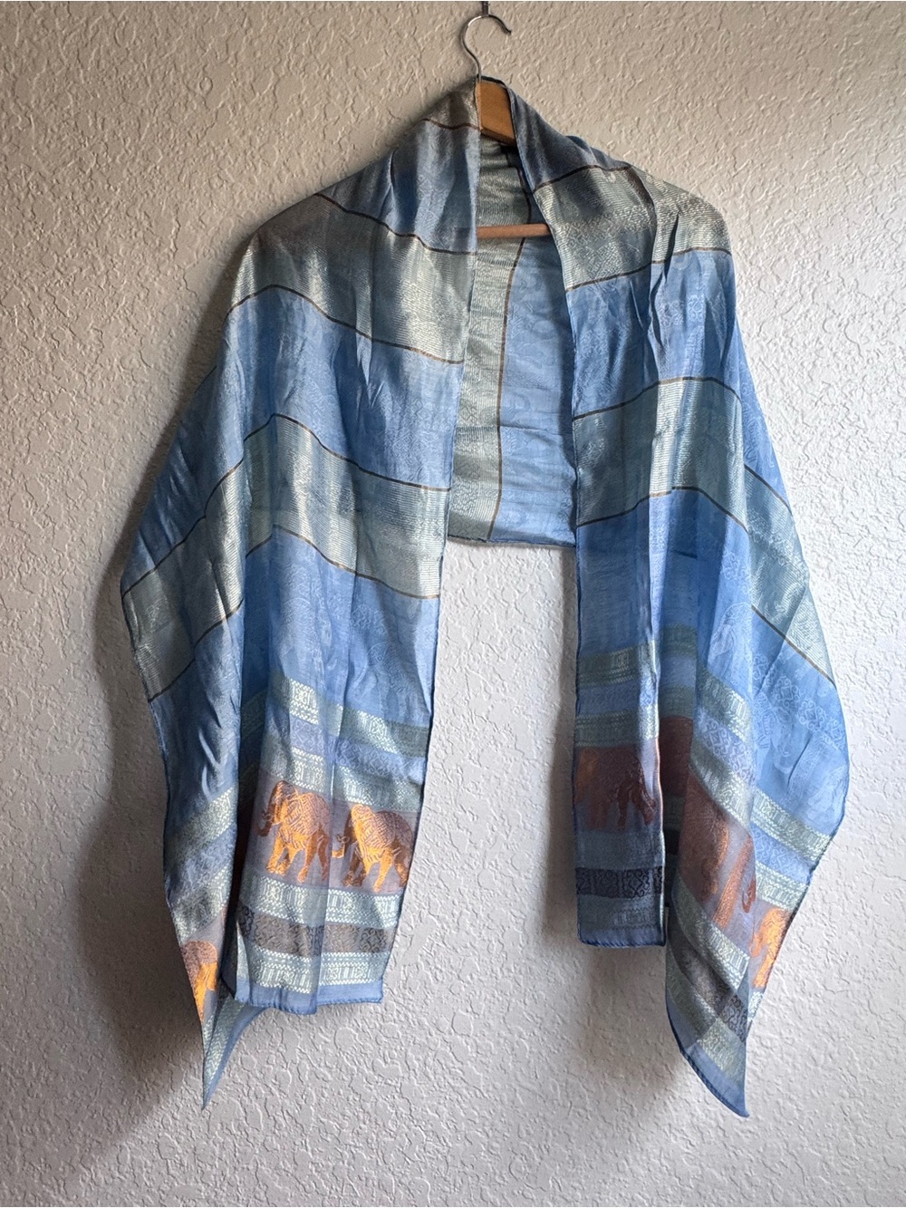 Source Unknown Silk Light Blue Scarf Throw with Gold Elephant Trim